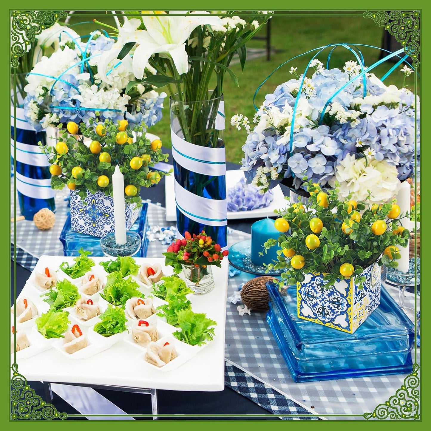 Blue Tiles Lemon Table Centerpiece Decor Amalfi Coast Box Decorations with Artificial Lemon Branches for Capri Mediterranean Positano Wedding Birthday Party Decor(4 Sets)