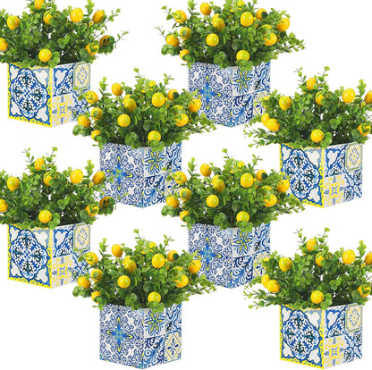 Blue Tiles Lemon Table Centerpiece Decor Amalfi Coast Box Decorations with Artificial Lemon Branches for Capri Mediterranean Positano Wedding Birthday Party Decor(4 Sets)