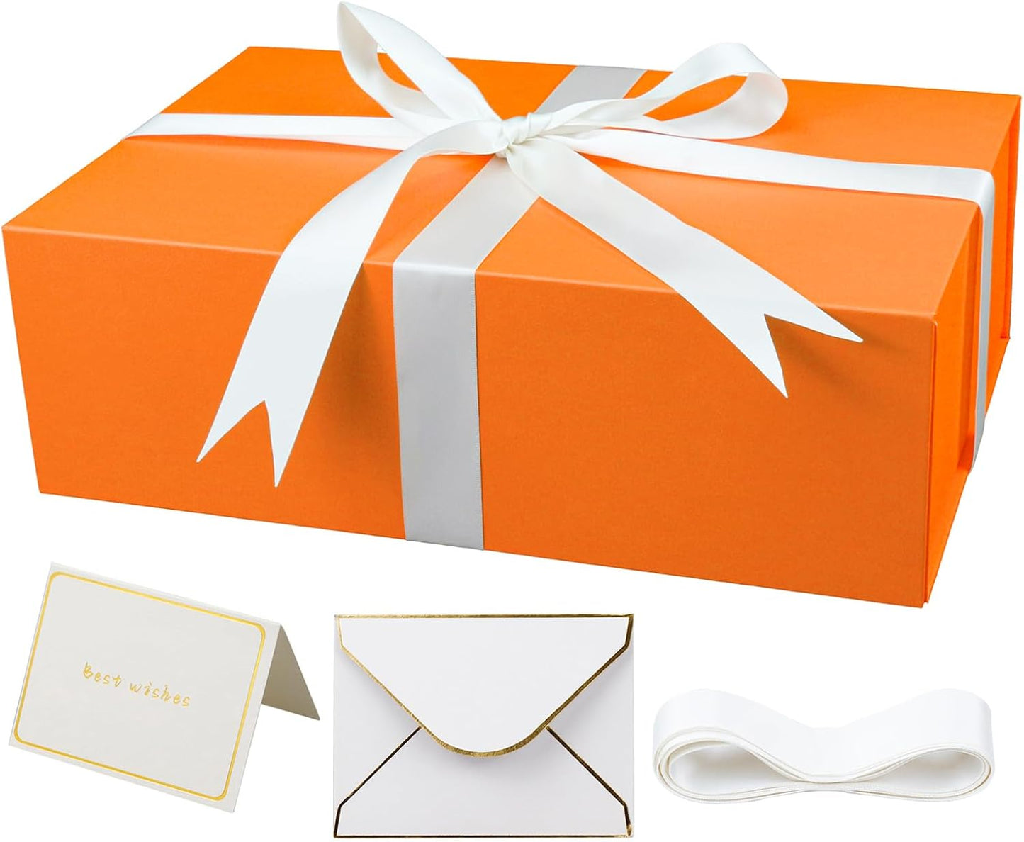 Large Orange Gift Box with Lid,14"x9"x4.5" Magnetic Gift Boxes with Ribbon,Cards and Envelopes for Presents,Great for Wedding,Birthdays,Crafting,Gift Packaging.