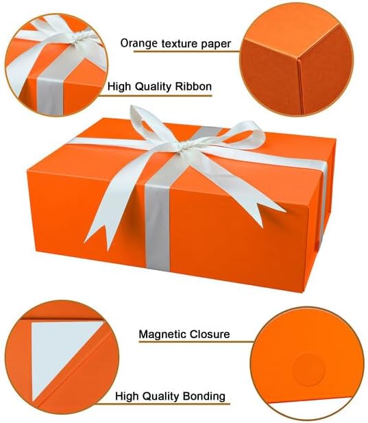Large Orange Gift Box with Lid,14"x9"x4.5" Magnetic Gift Boxes with Ribbon,Cards and Envelopes for Presents,Great for Wedding,Birthdays,Crafting,Gift Packaging.
