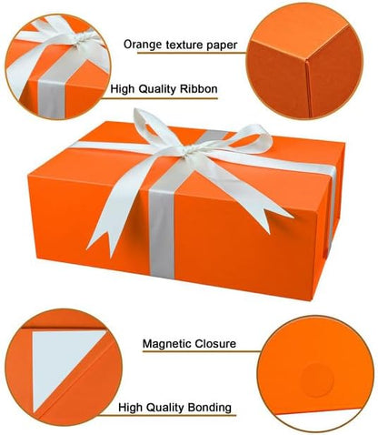 Large Orange Gift Box with Lid,14"x9"x4.5" Magnetic Gift Boxes with Ribbon,Cards and Envelopes for Presents,Great for Wedding,Birthdays,Crafting,Gift Packaging.