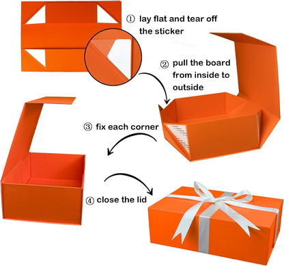 Large Orange Gift Box with Lid,14"x9"x4.5" Magnetic Gift Boxes with Ribbon,Cards and Envelopes for Presents,Great for Wedding,Birthdays,Crafting,Gift Packaging.