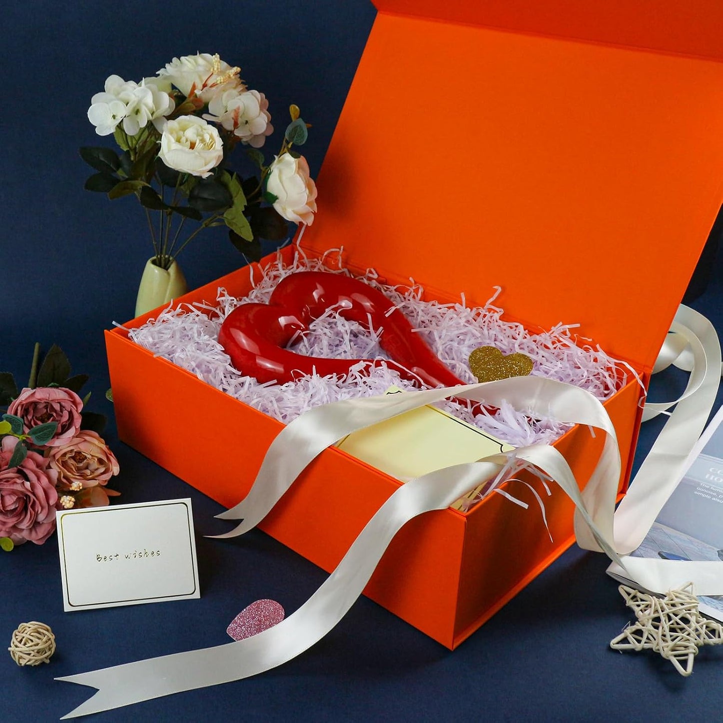Large Orange Gift Box with Lid,14"x9"x4.5" Magnetic Gift Boxes with Ribbon,Cards and Envelopes for Presents,Great for Wedding,Birthdays,Crafting,Gift Packaging.