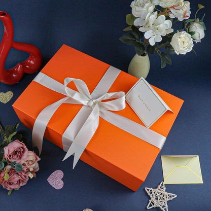 Large Orange Gift Box with Lid,14"x9"x4.5" Magnetic Gift Boxes with Ribbon,Cards and Envelopes for Presents,Great for Wedding,Birthdays,Crafting,Gift Packaging.