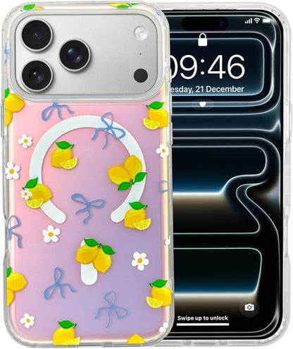 Iridescent Magnetic Cute Case for iPhone 17 Pro, Lemon | Compatible with MagSafe Slim Translucent Matte Case for Girls Women Cute Girly Glitter Sparkly Rainbow Protective Cover