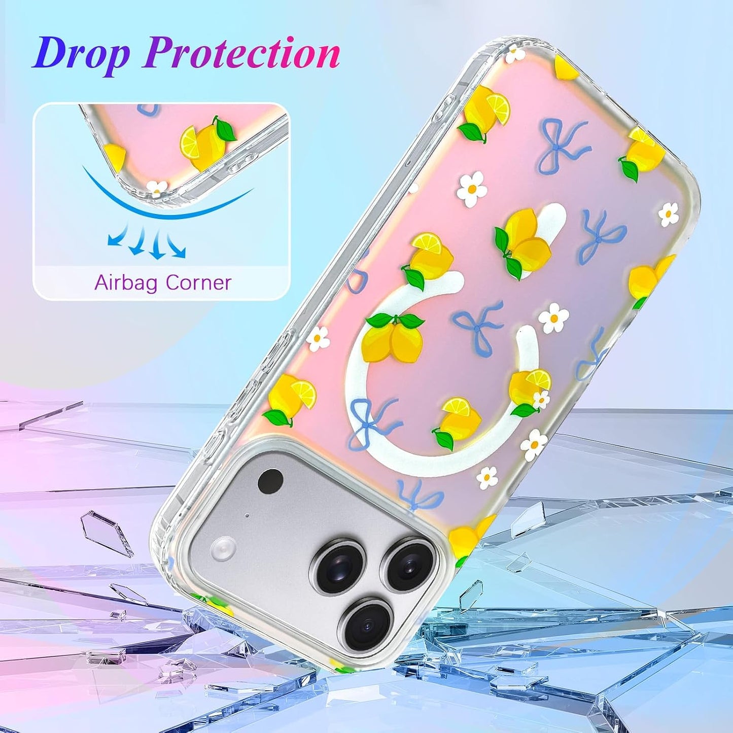 Iridescent Magnetic Cute Case for iPhone 17 Pro, Lemon | Compatible with MagSafe Slim Translucent Matte Case for Girls Women Cute Girly Glitter Sparkly Rainbow Protective Cover