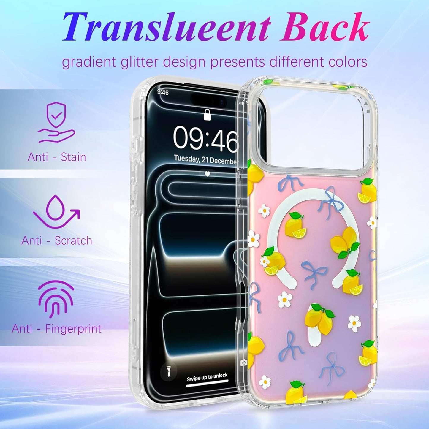 Iridescent Magnetic Cute Case for iPhone 17 Pro, Lemon | Compatible with MagSafe Slim Translucent Matte Case for Girls Women Cute Girly Glitter Sparkly Rainbow Protective Cover
