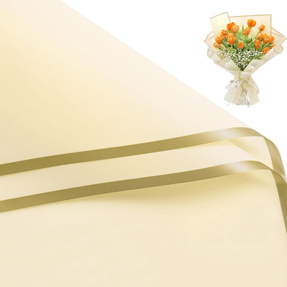 20 Sheets Flower Wrapping Paper - 22.4 x 22.4 inch Gold Trim Yellow Water-Resistant Floral Bouquet Wrapping Paper, Florist Supplies Packaging Paper for Wedding Birthday Gift DIY