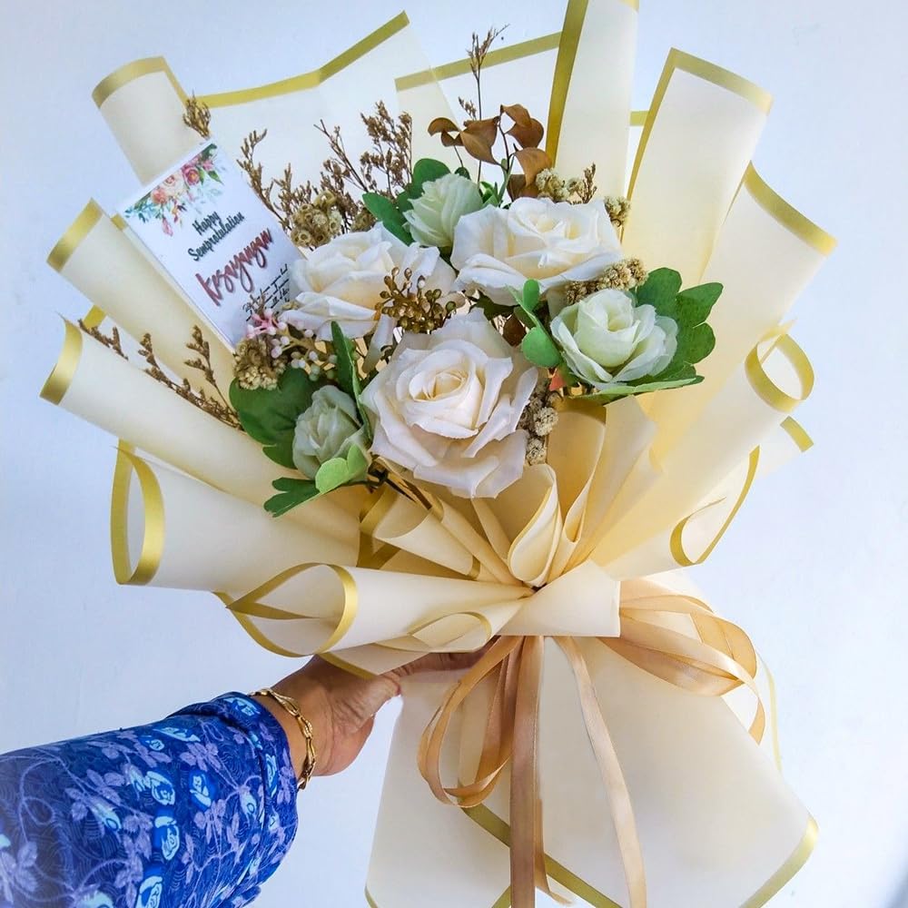20 Sheets Flower Wrapping Paper - 22.4 x 22.4 inch Gold Trim Yellow Water-Resistant Floral Bouquet Wrapping Paper, Florist Supplies Packaging Paper for Wedding Birthday Gift DIY