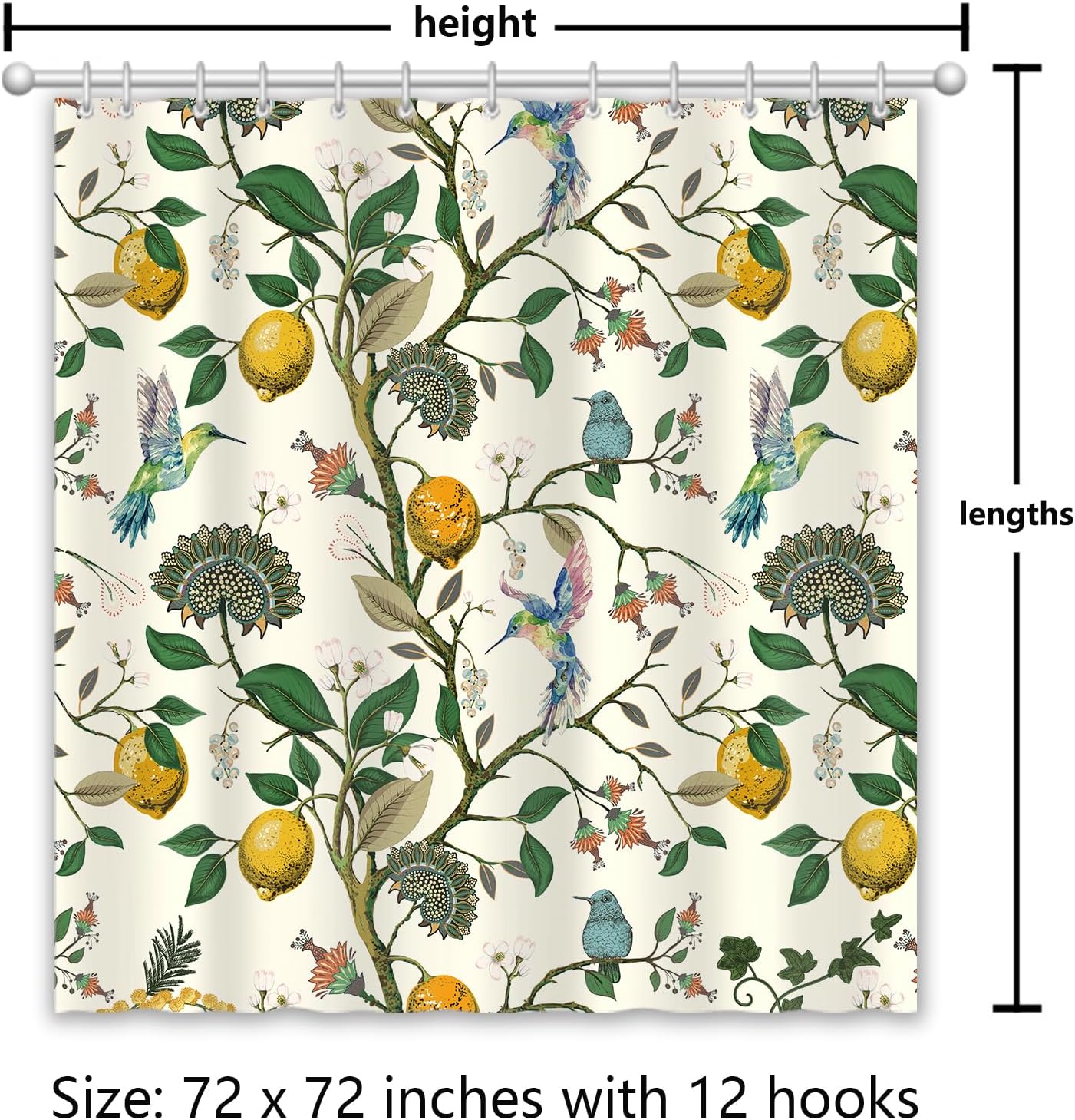 Lemon Shower Curtain | Waterproof Polyester, 12 Hooks Included, 72"L x 72"W, Machine Washable, Victorian Vintage Farmhouse Chic French Country Style