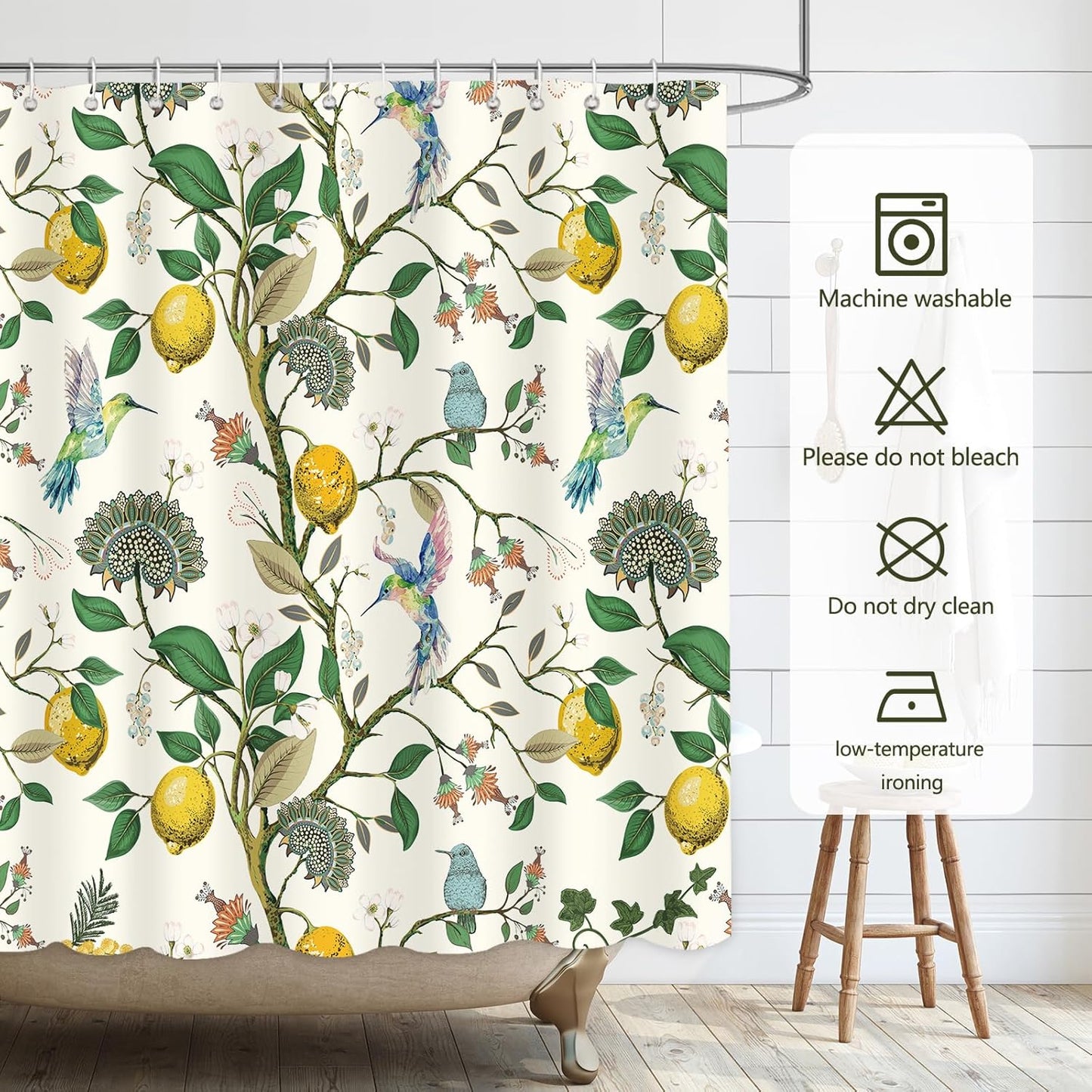 Lemon Shower Curtain | Waterproof Polyester, 12 Hooks Included, 72"L x 72"W, Machine Washable, Victorian Vintage Farmhouse Chic French Country Style