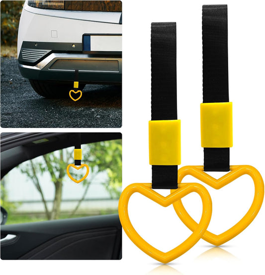 2 Pcs Heart Shaped Car Handle Strap – Drift Charm Rear Bumper Warning Ring Decor for Car Interior Exterior, Subway Bus Handle Accessory, Cute Heart Car Decor Gift for Women & Men (Yellow)
