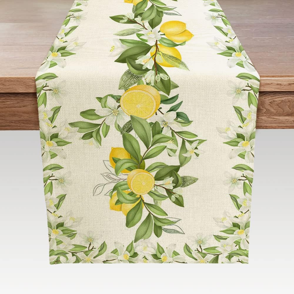 Spring Summer Leaves and Flowers Table Runners, Seasonal Fruit Lemon Kitchen Dining Table Decor, Linen Long Yellow Green Farmhouse Table Decoration Runners 13X72 in