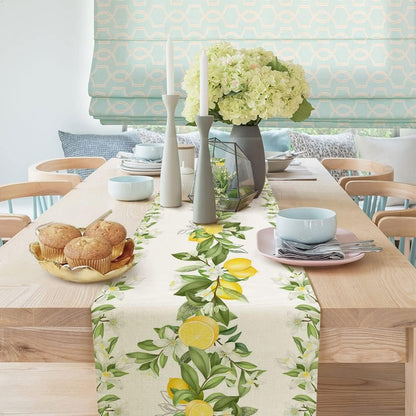 Spring Summer Leaves and Flowers Table Runners, Seasonal Fruit Lemon Kitchen Dining Table Decor, Linen Long Yellow Green Farmhouse Table Decoration Runners 13X72 in