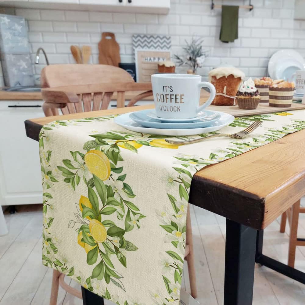 Spring Summer Leaves and Flowers Table Runners, Seasonal Fruit Lemon Kitchen Dining Table Decor, Linen Long Yellow Green Farmhouse Table Decoration Runners 13X72 in