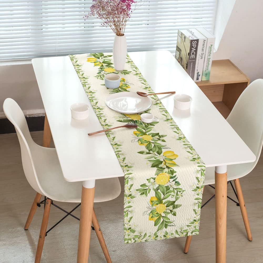 Spring Summer Leaves and Flowers Table Runners, Seasonal Fruit Lemon Kitchen Dining Table Decor, Linen Long Yellow Green Farmhouse Table Decoration Runners 13X72 in