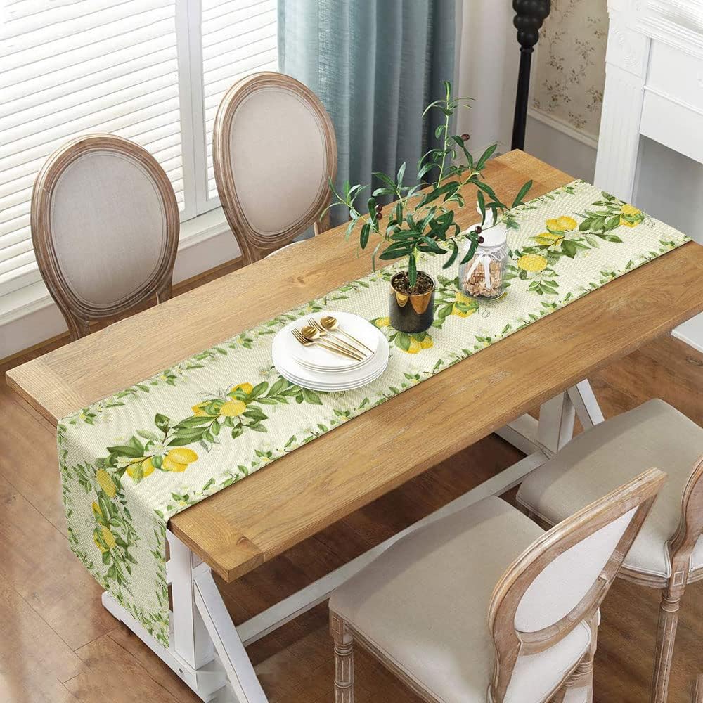 Spring Summer Leaves and Flowers Table Runners, Seasonal Fruit Lemon Kitchen Dining Table Decor, Linen Long Yellow Green Farmhouse Table Decoration Runners 13X72 in