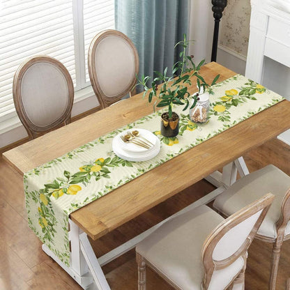 Spring Summer Leaves and Flowers Table Runners, Seasonal Fruit Lemon Kitchen Dining Table Decor, Linen Long Yellow Green Farmhouse Table Decoration Runners 13X72 in