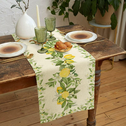 Spring Summer Leaves and Flowers Table Runners, Seasonal Fruit Lemon Kitchen Dining Table Decor, Linen Long Yellow Green Farmhouse Table Decoration Runners 13X72 in