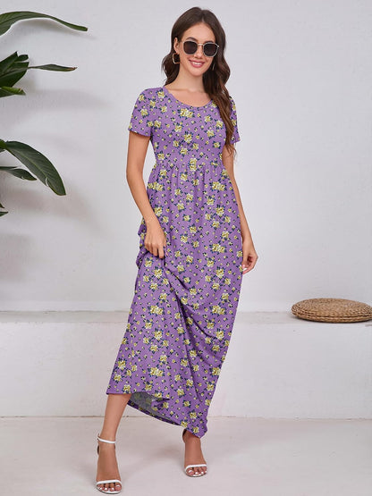 Maxi Dress for Women Short Sleeve Casual Summer Loose Plain Comfy Long Dresses with Pockets
