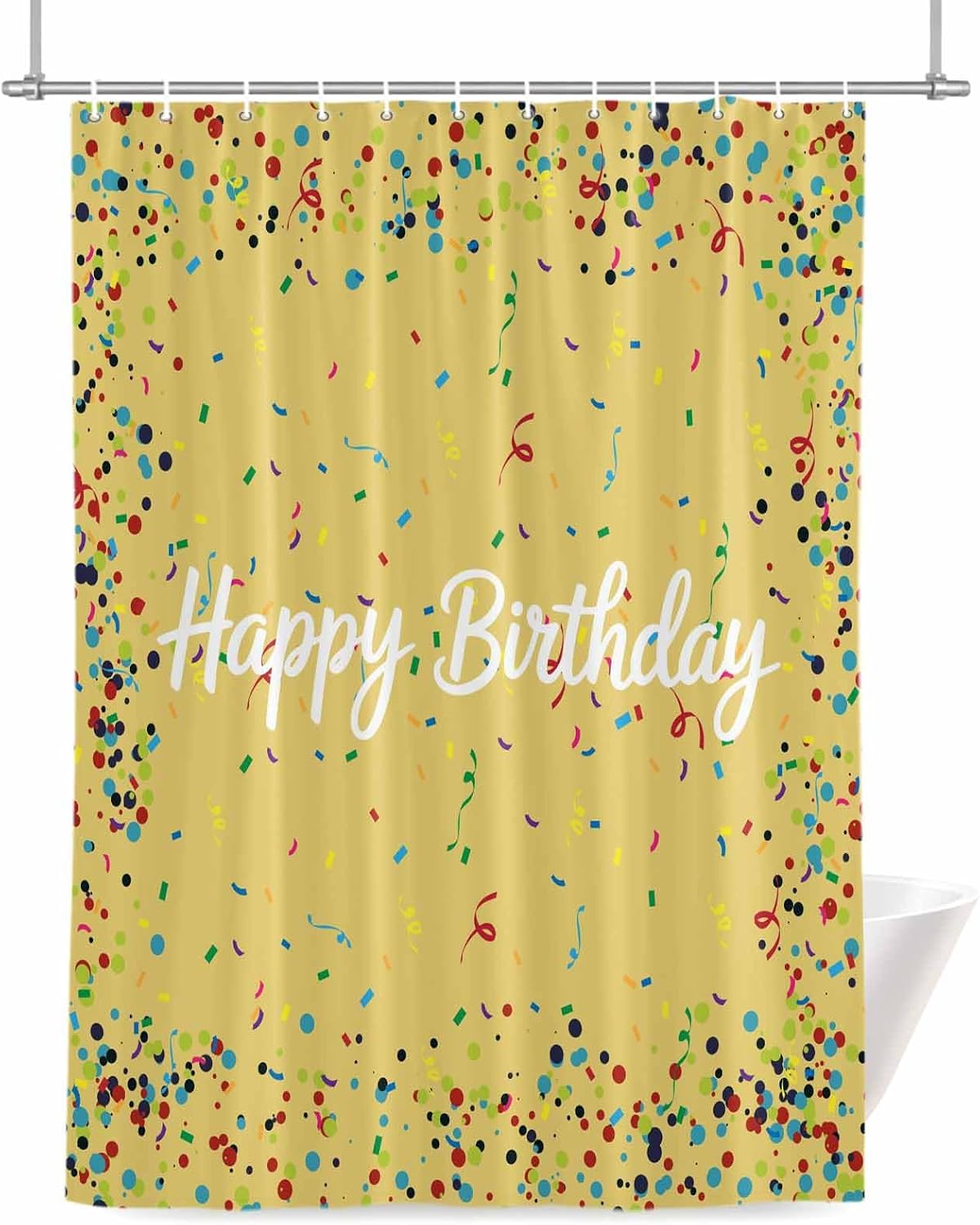 Yellow Birthday Shower Curtain for Bathroom, Colorful Confetti Ribbons Polka Dots Classroom Fabric Shower Curtain Liner Waterproof Cloth Bath Curtains Set 12 Hooks 48x72 Inches