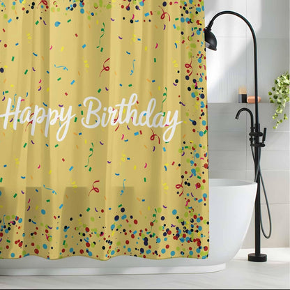 Yellow Birthday Shower Curtain for Bathroom, Colorful Confetti Ribbons Polka Dots Classroom Fabric Shower Curtain Liner Waterproof Cloth Bath Curtains Set 12 Hooks 48x72 Inches