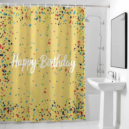 Yellow Birthday Shower Curtain for Bathroom, Colorful Confetti Ribbons Polka Dots Classroom Fabric Shower Curtain Liner Waterproof Cloth Bath Curtains Set 12 Hooks 48x72 Inches