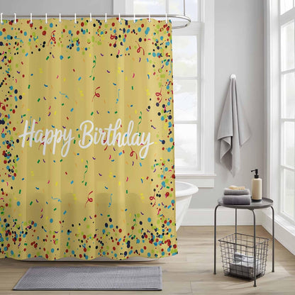 Yellow Birthday Shower Curtain for Bathroom, Colorful Confetti Ribbons Polka Dots Classroom Fabric Shower Curtain Liner Waterproof Cloth Bath Curtains Set 12 Hooks 48x72 Inches