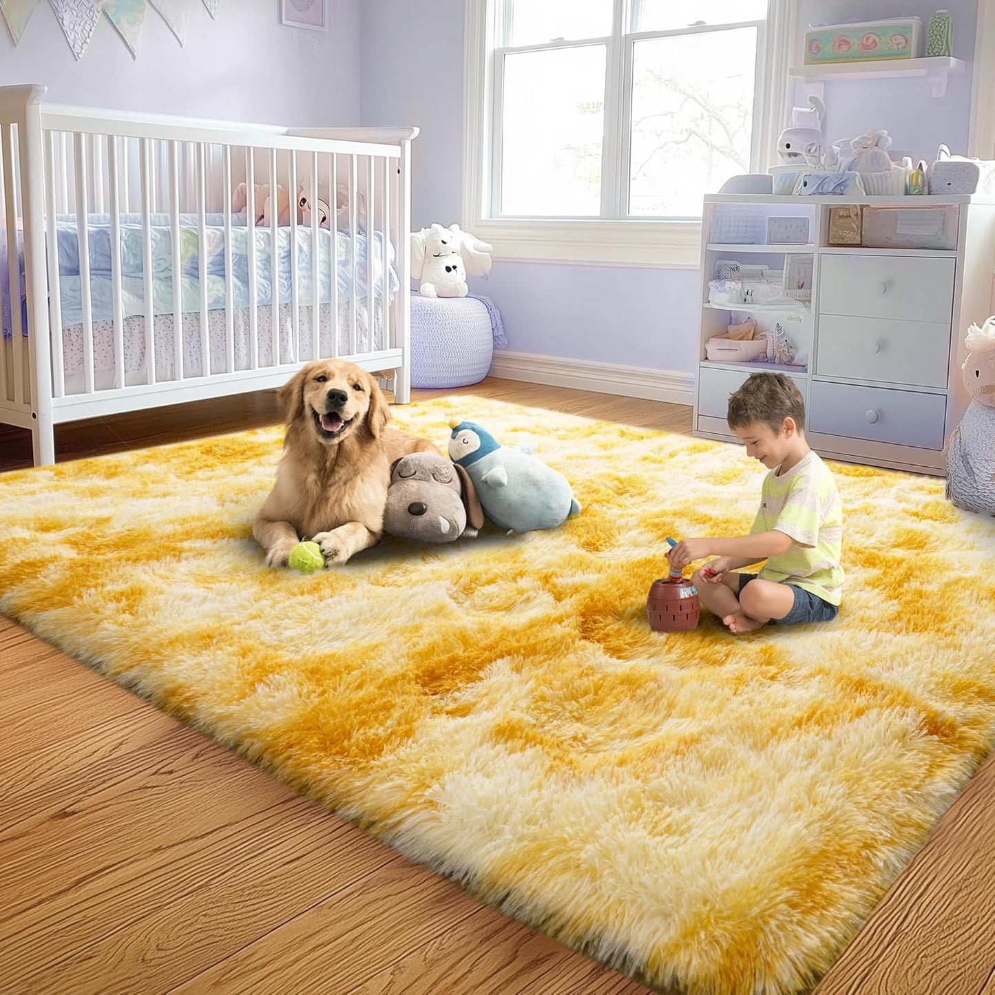 Soft Fluffy Rug for Living Room, 4x6 Tie-Dyed Yellow Shag Area Rug for Bedroom Living Room, Non-Slip Fuzzy Carpet for Girls Boys Kids, Throw Rugs for Dorm, Modern Home Decor Aesthetic