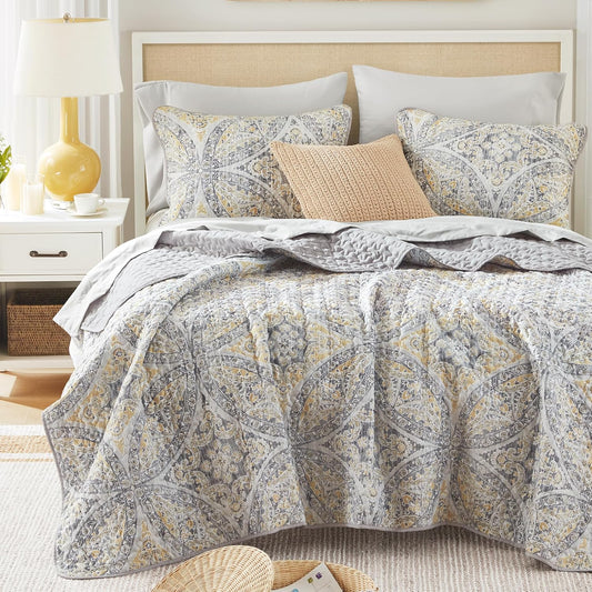 Boho Quilt Set Queen Reversible Vermicelli Quilting Queen Size Bed, All Season, Lightweight, Coverlet Winter Layer Bedding, Shams, Gloria, Full/Queen Grey/Yellow 3 Piece