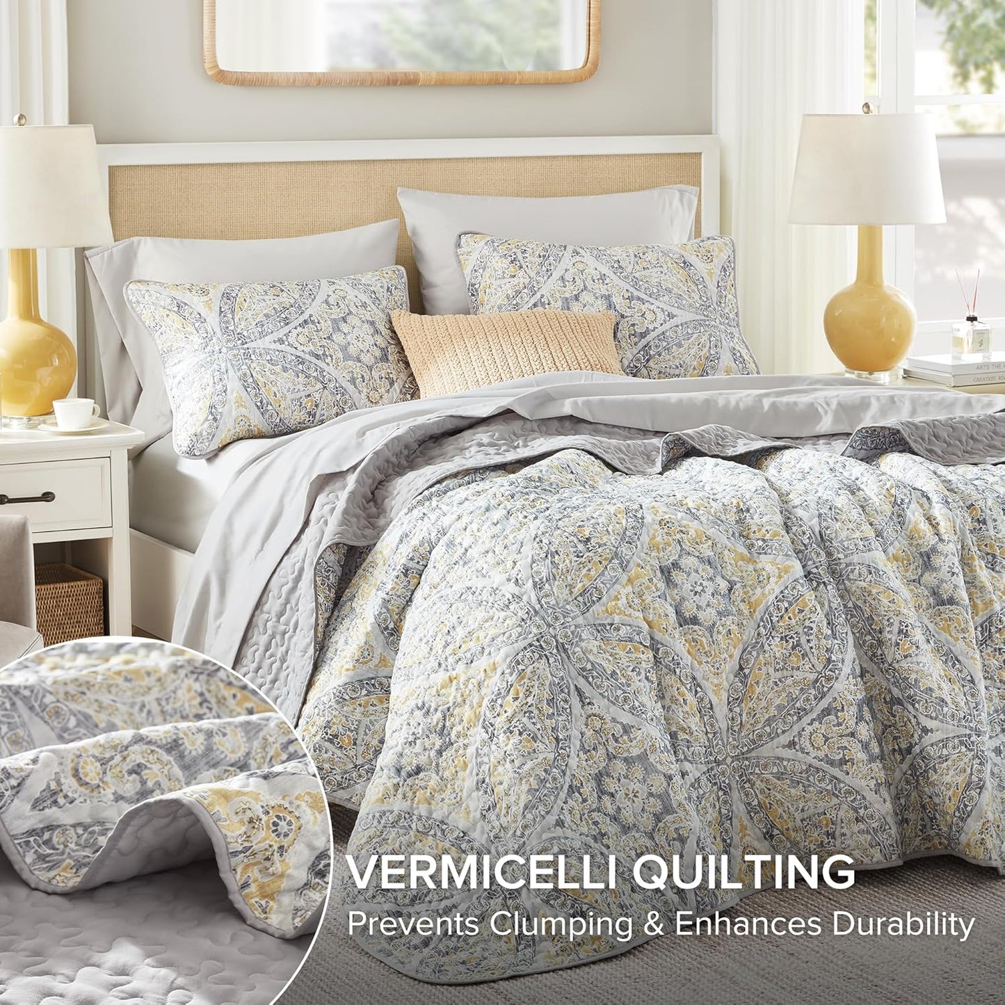 Boho Quilt Set Queen Reversible Vermicelli Quilting Queen Size Bed, All Season, Lightweight, Coverlet Winter Layer Bedding, Shams, Gloria, Full/Queen Grey/Yellow 3 Piece