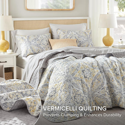 Boho Quilt Set Queen Reversible Vermicelli Quilting Queen Size Bed, All Season, Lightweight, Coverlet Winter Layer Bedding, Shams, Gloria, Full/Queen Grey/Yellow 3 Piece