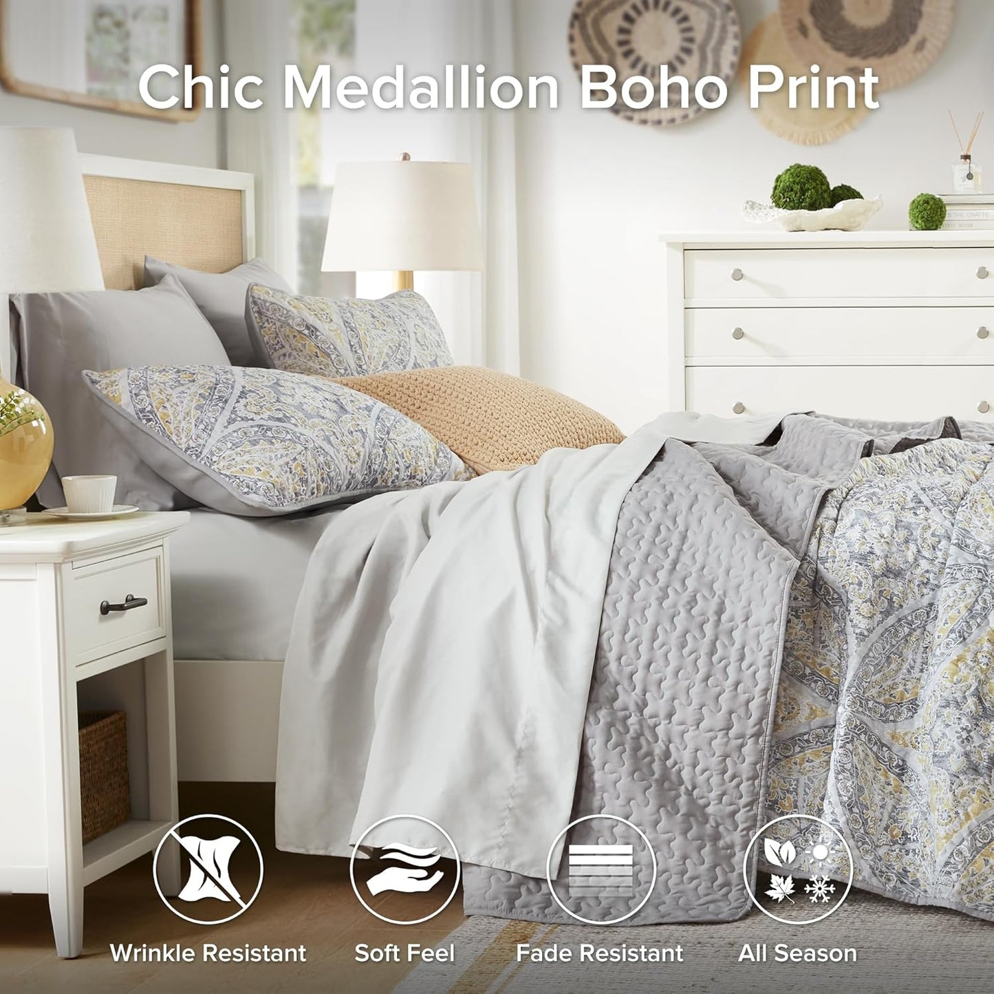 Boho Quilt Set Queen Reversible Vermicelli Quilting Queen Size Bed, All Season, Lightweight, Coverlet Winter Layer Bedding, Shams, Gloria, Full/Queen Grey/Yellow 3 Piece