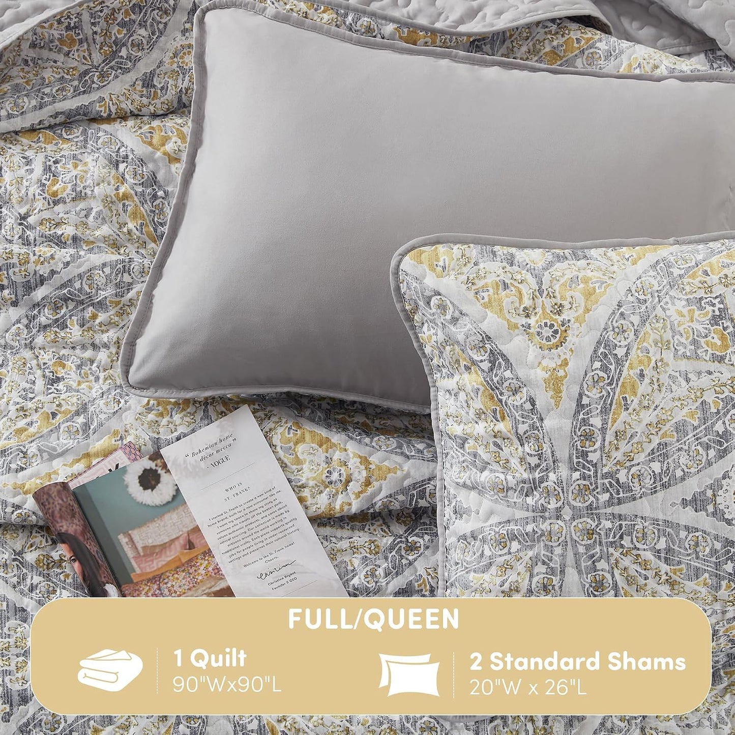 Boho Quilt Set Queen Reversible Vermicelli Quilting Queen Size Bed, All Season, Lightweight, Coverlet Winter Layer Bedding, Shams, Gloria, Full/Queen Grey/Yellow 3 Piece