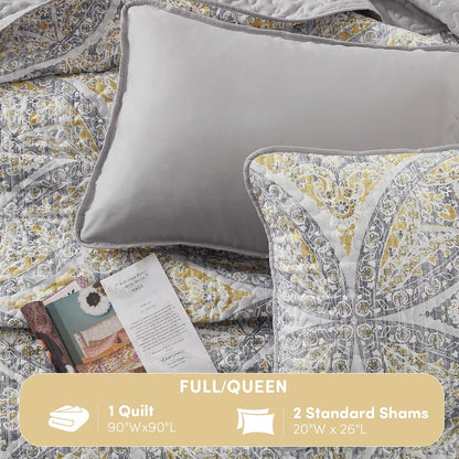 Boho Quilt Set Queen Reversible Vermicelli Quilting Queen Size Bed, All Season, Lightweight, Coverlet Winter Layer Bedding, Shams, Gloria, Full/Queen Grey/Yellow 3 Piece