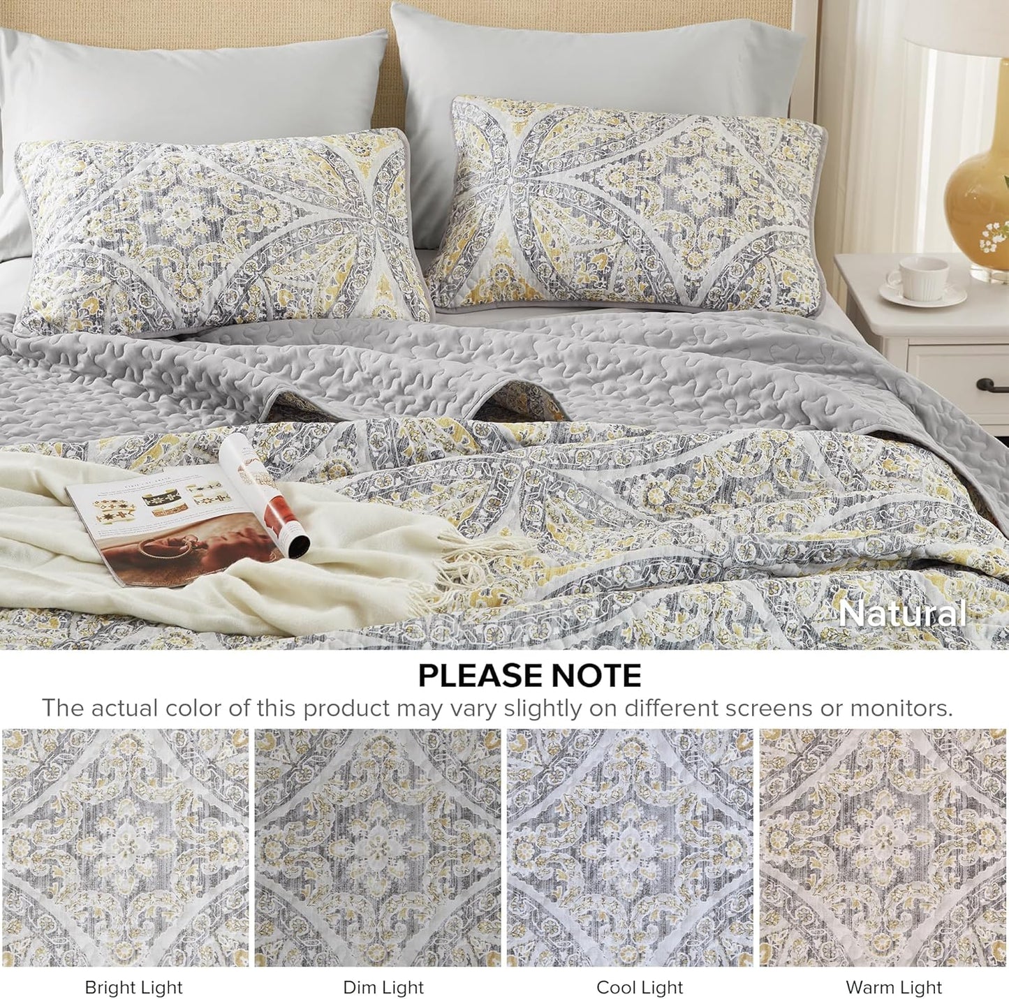 Boho Quilt Set Queen Reversible Vermicelli Quilting Queen Size Bed, All Season, Lightweight, Coverlet Winter Layer Bedding, Shams, Gloria, Full/Queen Grey/Yellow 3 Piece