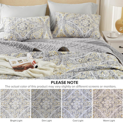 Boho Quilt Set Queen Reversible Vermicelli Quilting Queen Size Bed, All Season, Lightweight, Coverlet Winter Layer Bedding, Shams, Gloria, Full/Queen Grey/Yellow 3 Piece