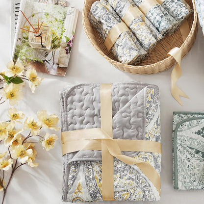 Boho Quilt Set Queen Reversible Vermicelli Quilting Queen Size Bed, All Season, Lightweight, Coverlet Winter Layer Bedding, Shams, Gloria, Full/Queen Grey/Yellow 3 Piece