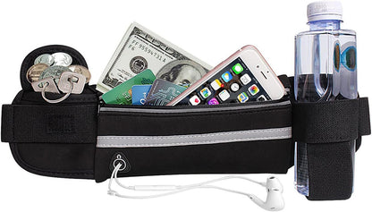 Slim Running Belt, Waterproof Fanny Pack with Water Bottle Holder,Phone Holder for Running,Reflective Waist Bag,Runners Belt Pouch,Money Belt,Waist Pack for Running Travel Workout Camping