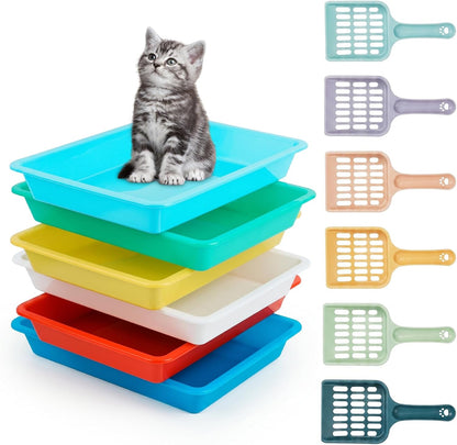 6 Set Kitten Small Litter Box Set, 10.8"x 8.2"x 1.5" Low Entry Litter Box with Scooper, Portable Plastic Shallow Pan Kitten Tray Travel Toilet for Kitty Guinea Pig Rabbit Small Pet(Multicolor)
