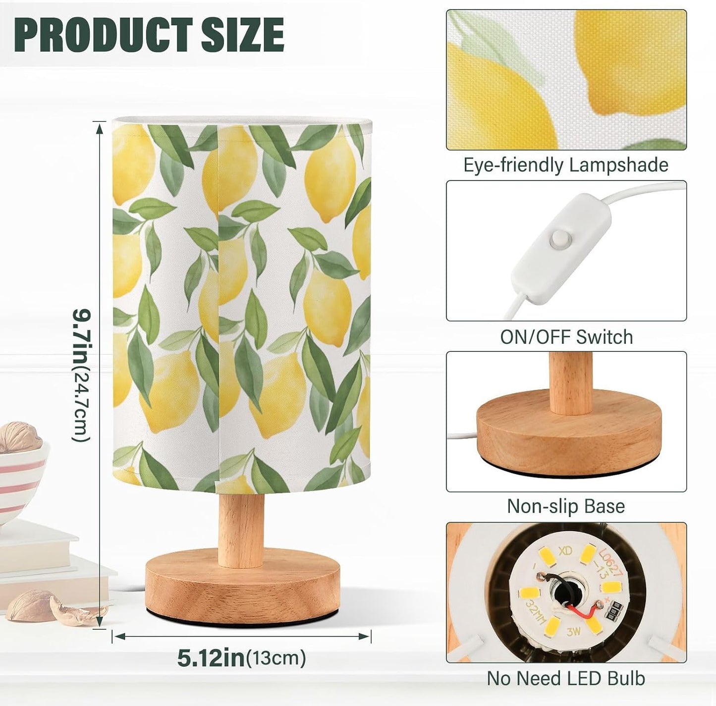 Bedside Table Lamp Yellow Lemons Leaves Botanical Kids Nightstand Lamp Night Light Fabric Shade for Bedroom Living Room Home