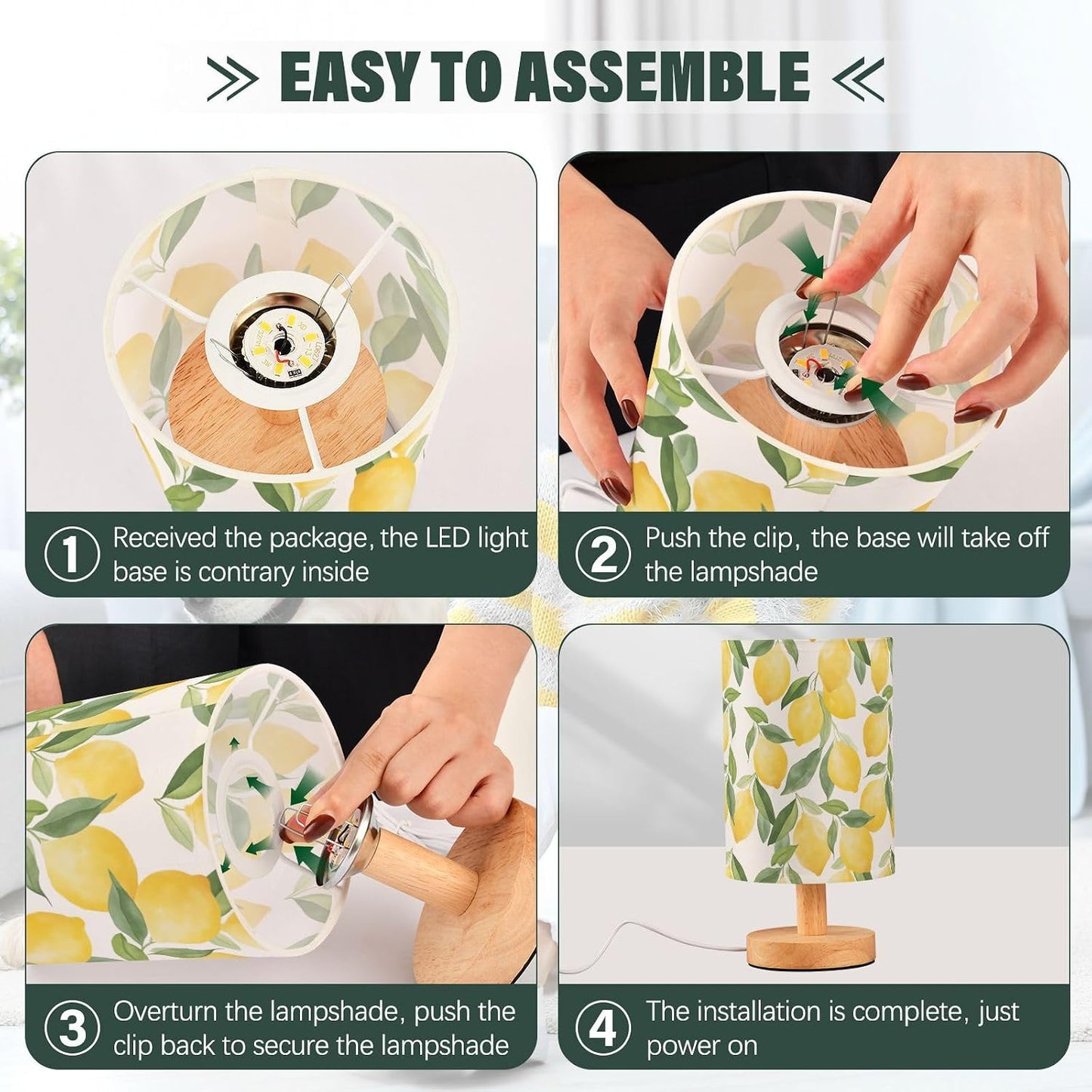 Bedside Table Lamp Yellow Lemons Leaves Botanical Kids Nightstand Lamp Night Light Fabric Shade for Bedroom Living Room Home
