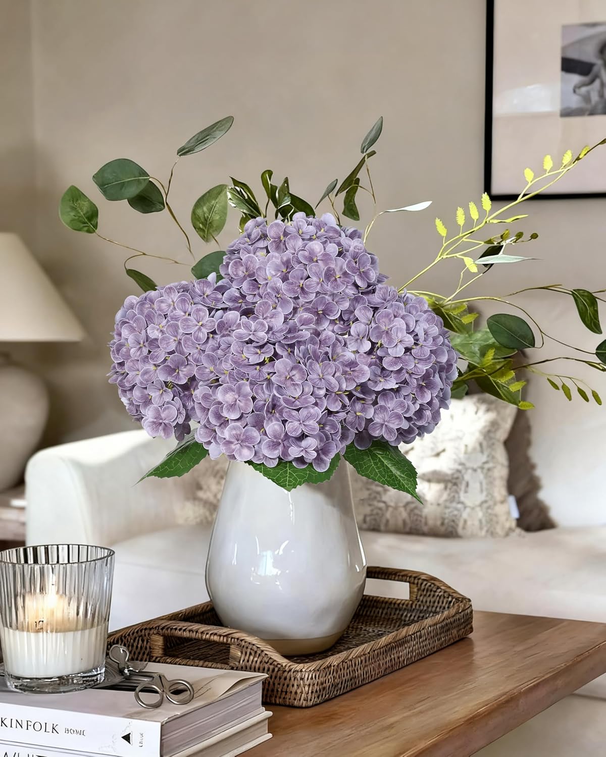 Hydrangea Artificial Flowers, Yellow, 3Pcs | Latex Real Touch Hydrangeas with Long Stems & Leaves for Home Decor Party Floral Arrangements Wedding Bouquets Centerpieces