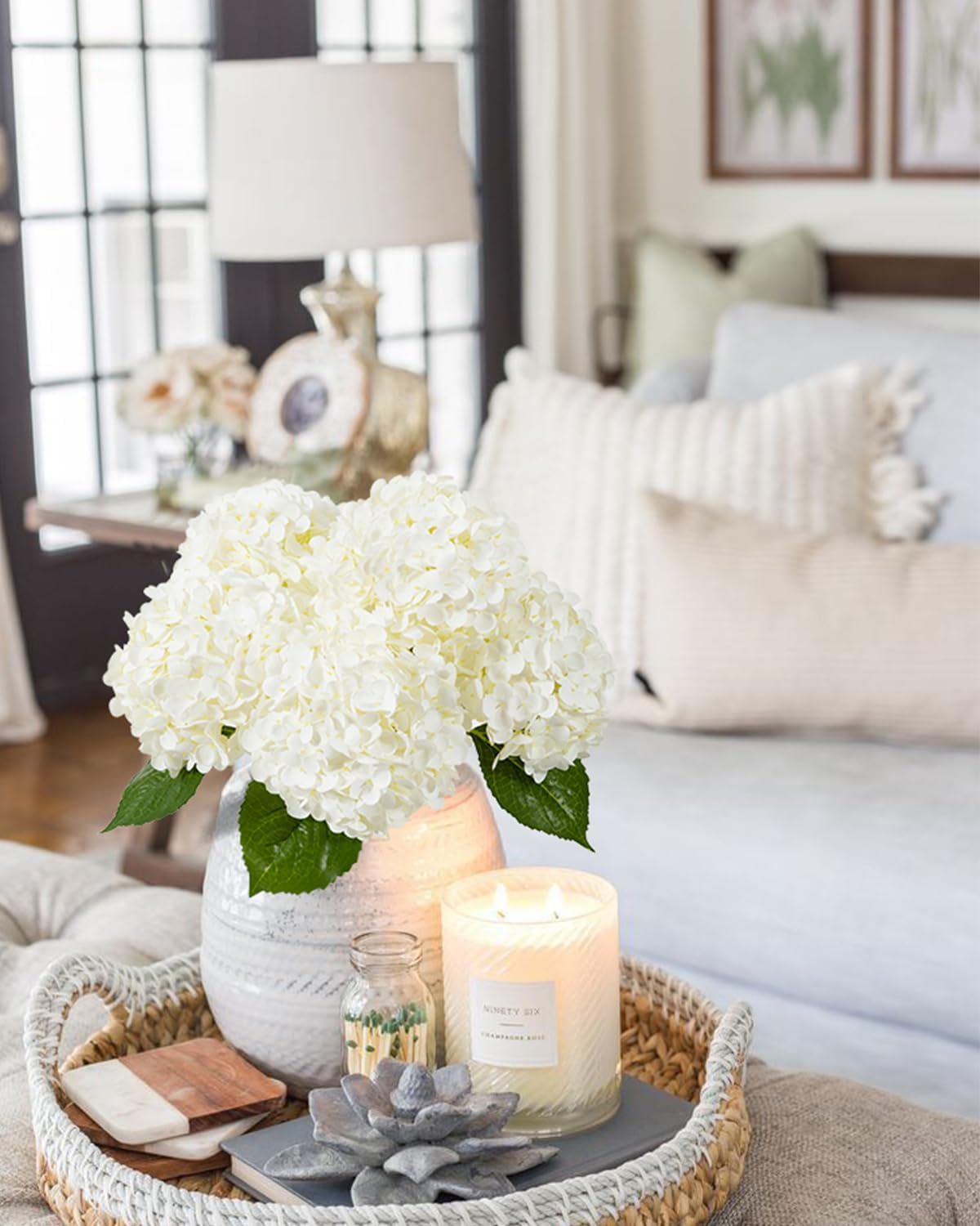 Hydrangea Artificial Flowers, Yellow, 3Pcs | Latex Real Touch Hydrangeas with Long Stems & Leaves for Home Decor Party Floral Arrangements Wedding Bouquets Centerpieces