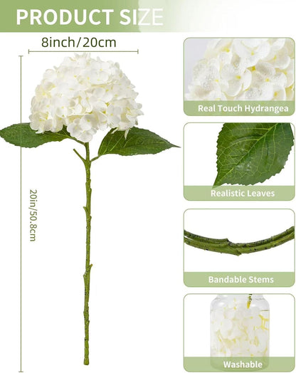 Hydrangea Artificial Flowers, Yellow, 3Pcs | Latex Real Touch Hydrangeas with Long Stems & Leaves for Home Decor Party Floral Arrangements Wedding Bouquets Centerpieces