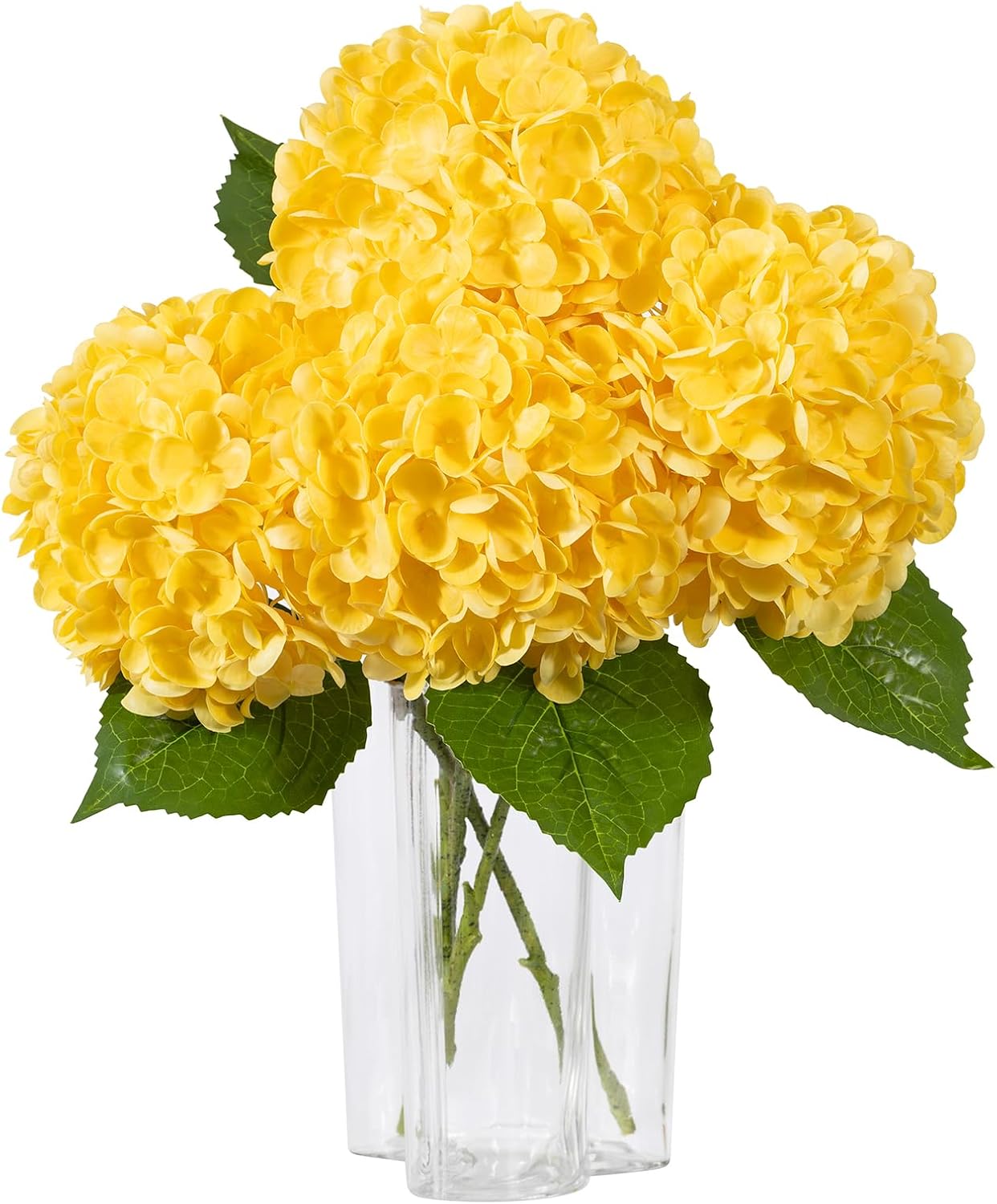 Hydrangea Artificial Flowers, Yellow, 3Pcs | Latex Real Touch Hydrangeas with Long Stems & Leaves for Home Decor Party Floral Arrangements Wedding Bouquets Centerpieces