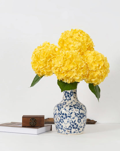 Hydrangea Artificial Flowers, Yellow, 3Pcs | Latex Real Touch Hydrangeas with Long Stems & Leaves for Home Decor Party Floral Arrangements Wedding Bouquets Centerpieces