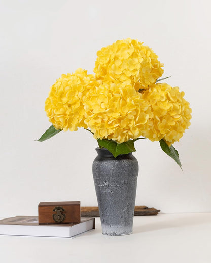 Hydrangea Artificial Flowers, Yellow, 3Pcs | Latex Real Touch Hydrangeas with Long Stems & Leaves for Home Decor Party Floral Arrangements Wedding Bouquets Centerpieces