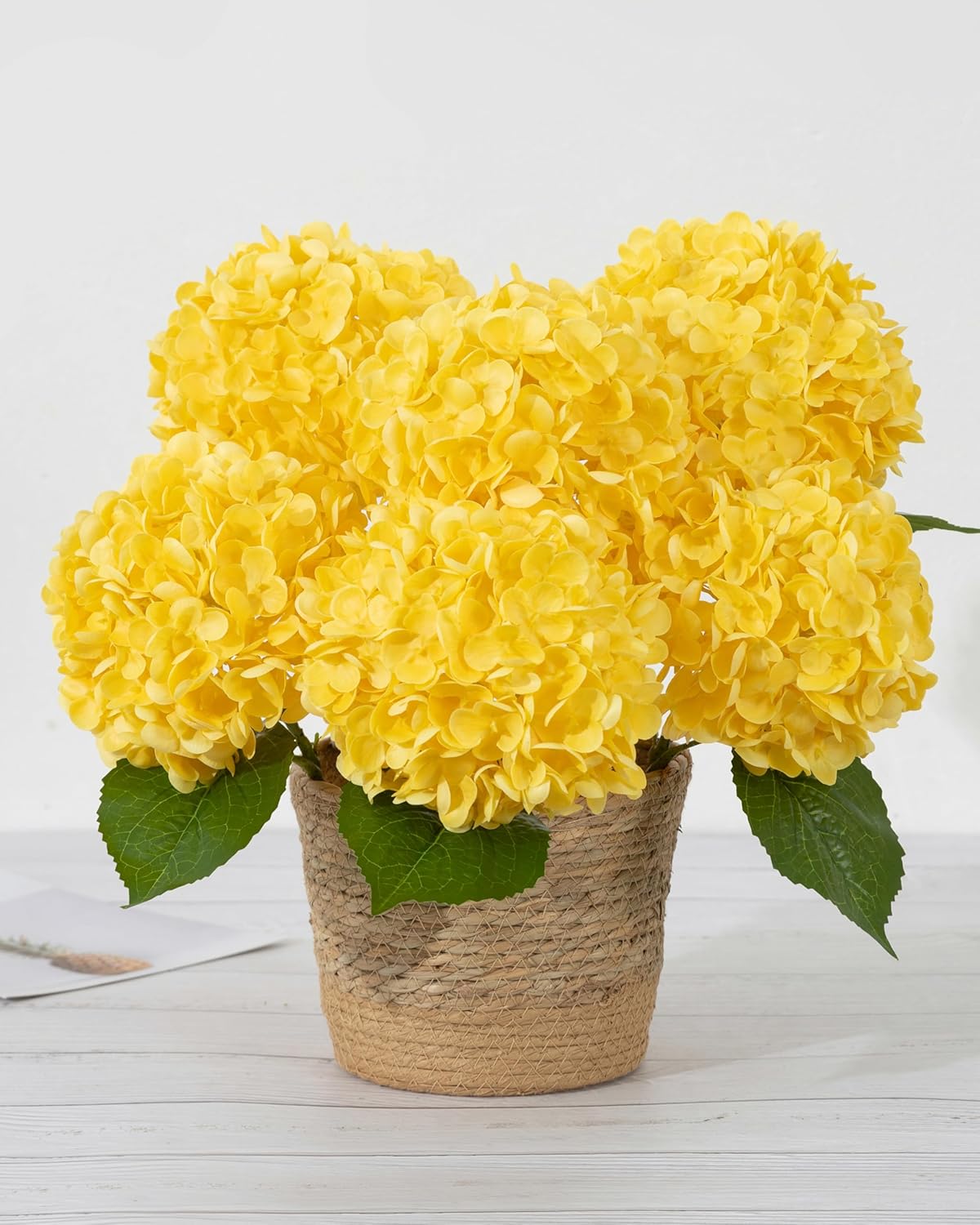Hydrangea Artificial Flowers, Yellow, 3Pcs | Latex Real Touch Hydrangeas with Long Stems & Leaves for Home Decor Party Floral Arrangements Wedding Bouquets Centerpieces