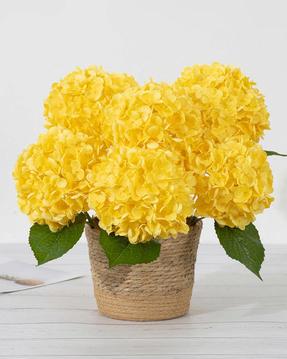 Hydrangea Artificial Flowers, Yellow, 3Pcs | Latex Real Touch Hydrangeas with Long Stems & Leaves for Home Decor Party Floral Arrangements Wedding Bouquets Centerpieces